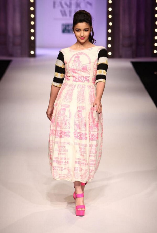 Alia walks the ramp in a spunky Masaba print