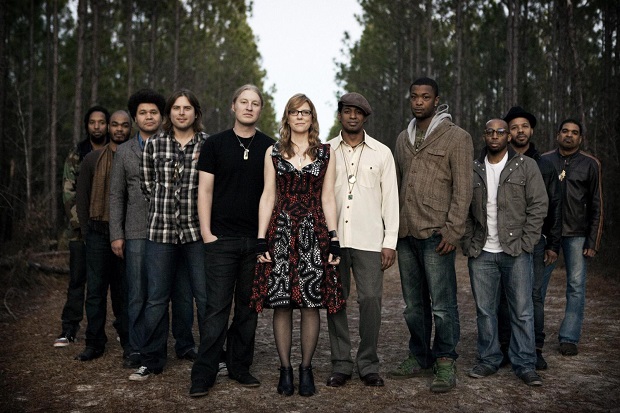 Susan and Derek (centre) with the full 11-member Tedeschi Trucks Band